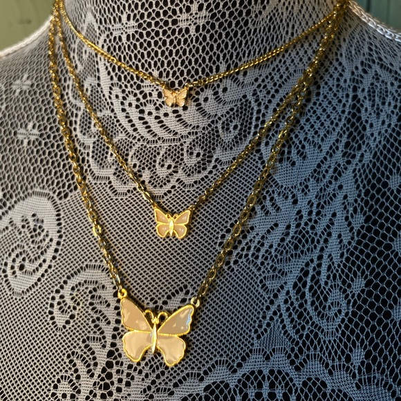 Super Cute Gold and White Enamel Butterfly Stacked Necklace - Picture 2 of 4
